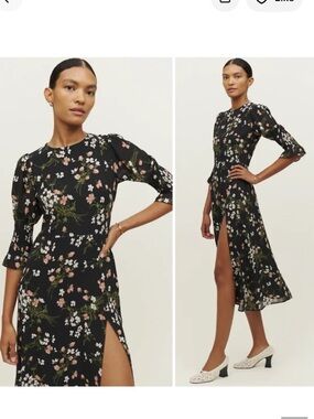 Reformation Black Floral Midi Dress with Pink & Green Print